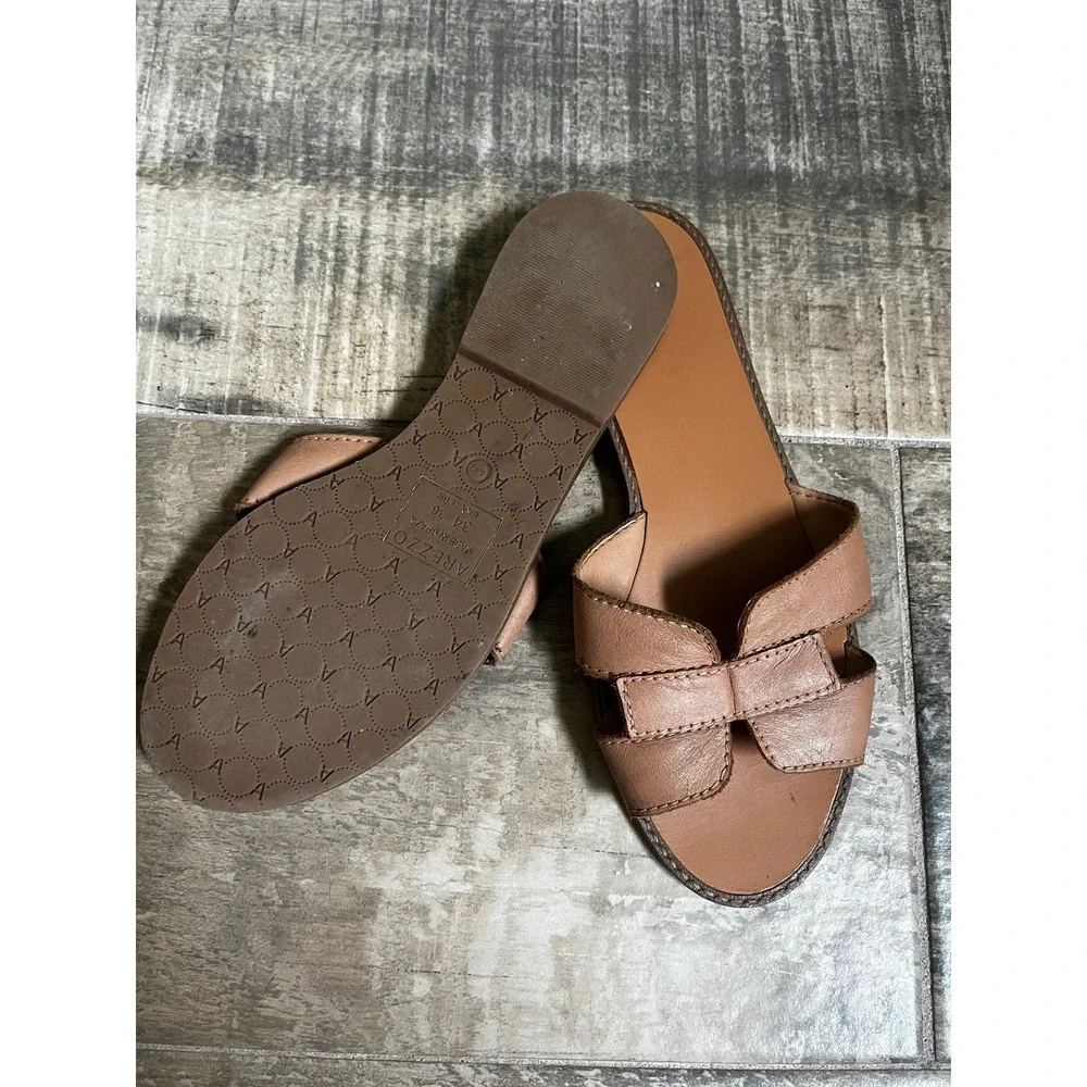 Arezzo Tan Leather Slide Sandals 36 / 6 H-Strap Made in Brazil Minimalist Boho